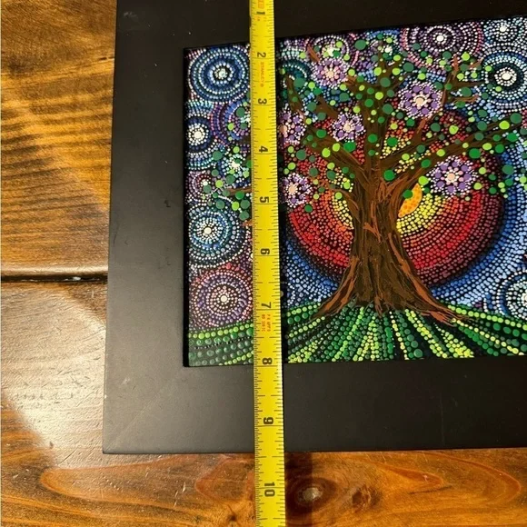Beautiful hand painted in dot mandala style Tree. Black frame 9”x10”
